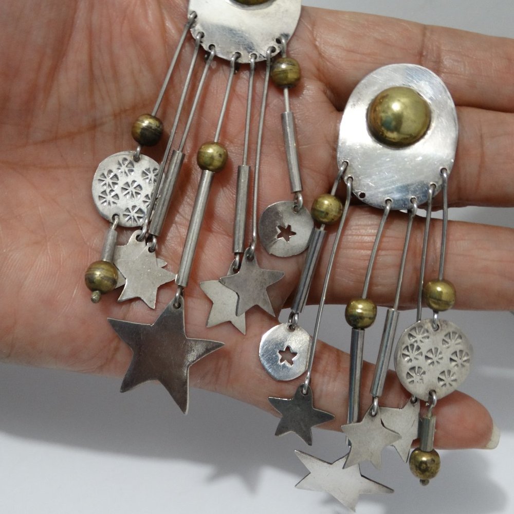 Sterling Silver Laton Brass Made in Mexico Dangling Stars Pierce Earrings.